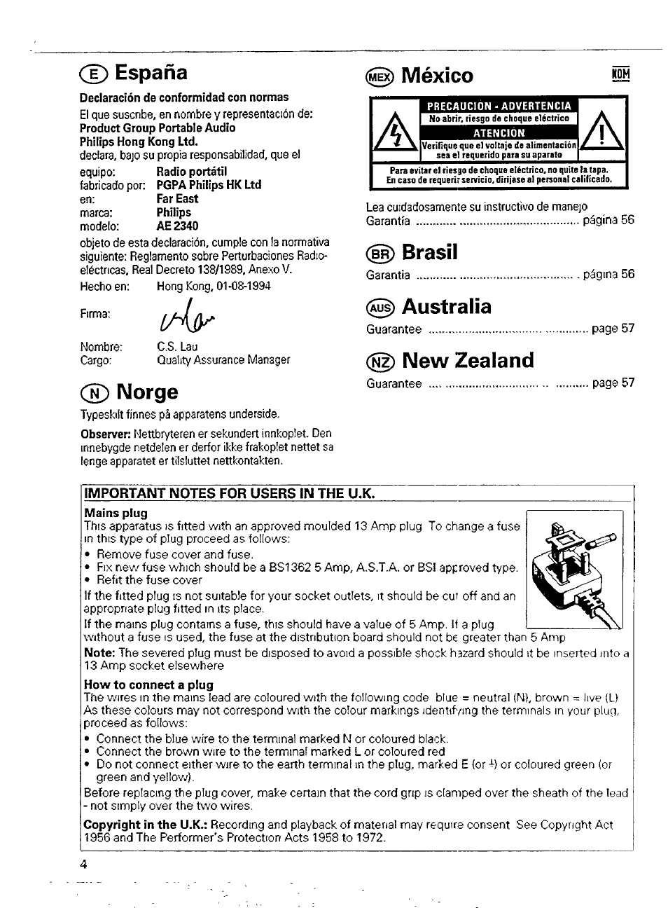 Declaración de conformidad con normas, Cd españa, Cd norge | México, Brasil, Australia, New zealand | Philips AE 2340/00 User Manual | Page 4 / 12