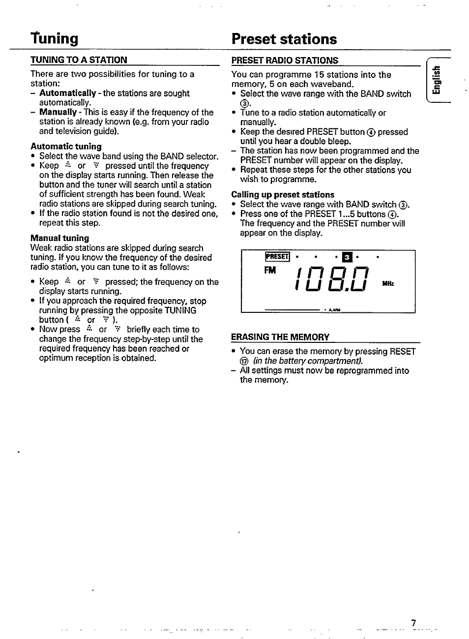 Tuning to a station, Preset radio stations, Erasing the memory | Tuning preset stations | Philips AE 2340/00 User Manual | Page 9 / 12
