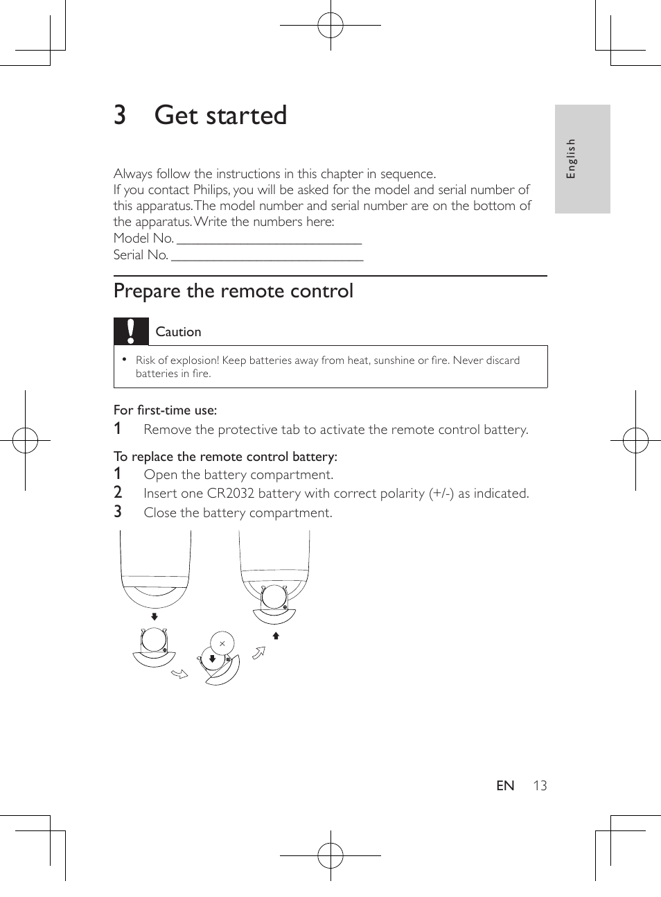 3 get started, Prepare the remote control | Philips HK-1032-DS8550 User Manual | Page 12 / 23