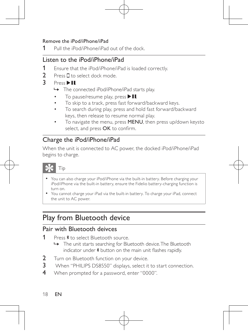 Play from bluetooth device, Listen to the ipod/iphone/ipad 1, Charge the ipod/iphone/ipad | Pair with bluetooth deivces 1 | Philips HK-1032-DS8550 User Manual | Page 17 / 23