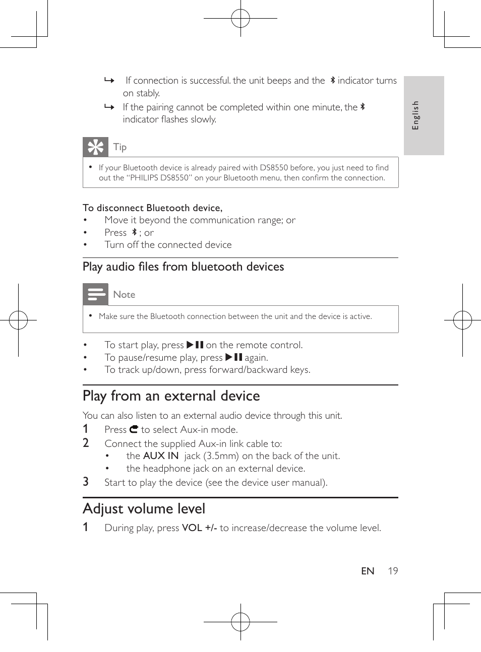 Play from an external device, Adjust volume level, Play audio files from bluetooth devices | Philips HK-1032-DS8550 User Manual | Page 18 / 23