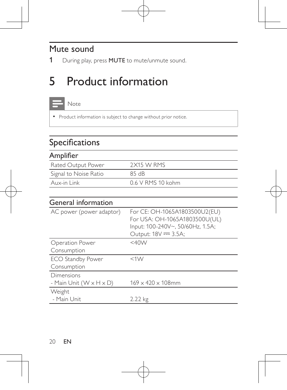 Mute sound, 5 product information, Specifications | Amplifier, General information | Philips HK-1032-DS8550 User Manual | Page 19 / 23