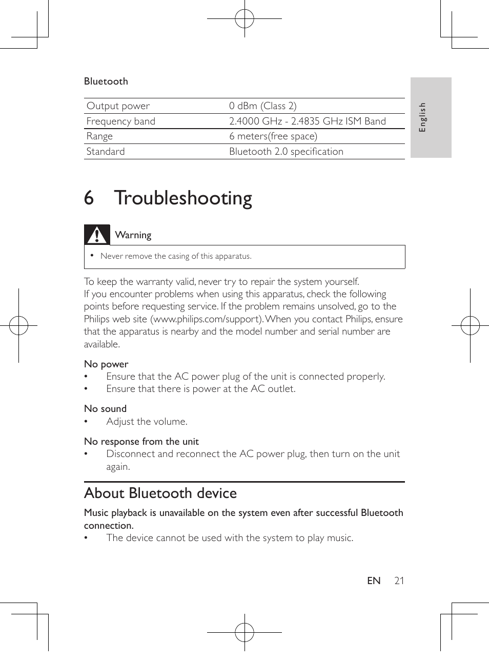 6 troubleshooting, About bluetooth device | Philips HK-1032-DS8550 User Manual | Page 20 / 23