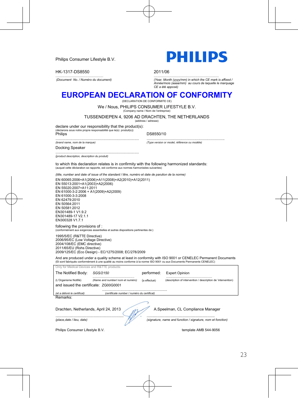 European declaration of conformity | Philips HK-1032-DS8550 User Manual | Page 22 / 23