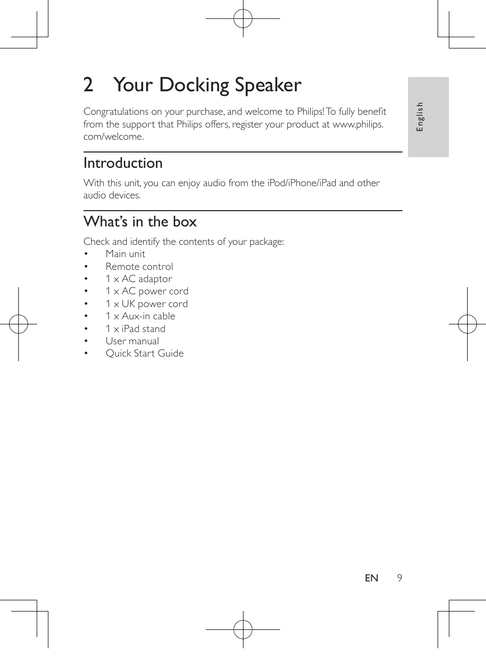 2 your docking speaker, Introduction, What’s in the box | Philips HK-1032-DS8550 User Manual | Page 8 / 23
