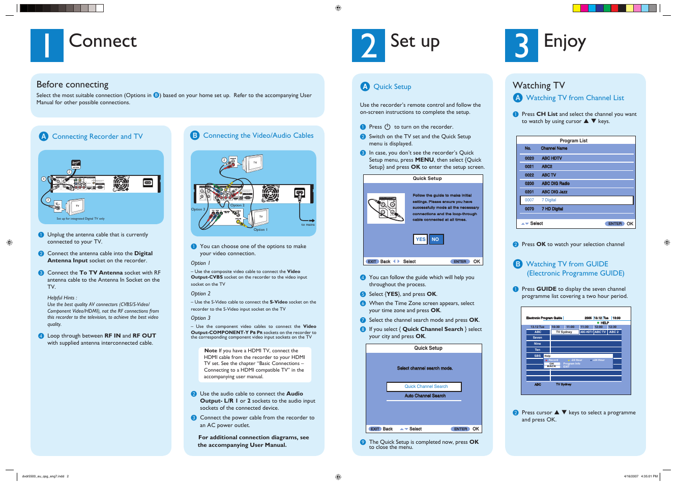 Connect, Set up, Enjoy | Before connecting, Watching tv a | Philips DVR7100 User Manual | Page 2 / 2