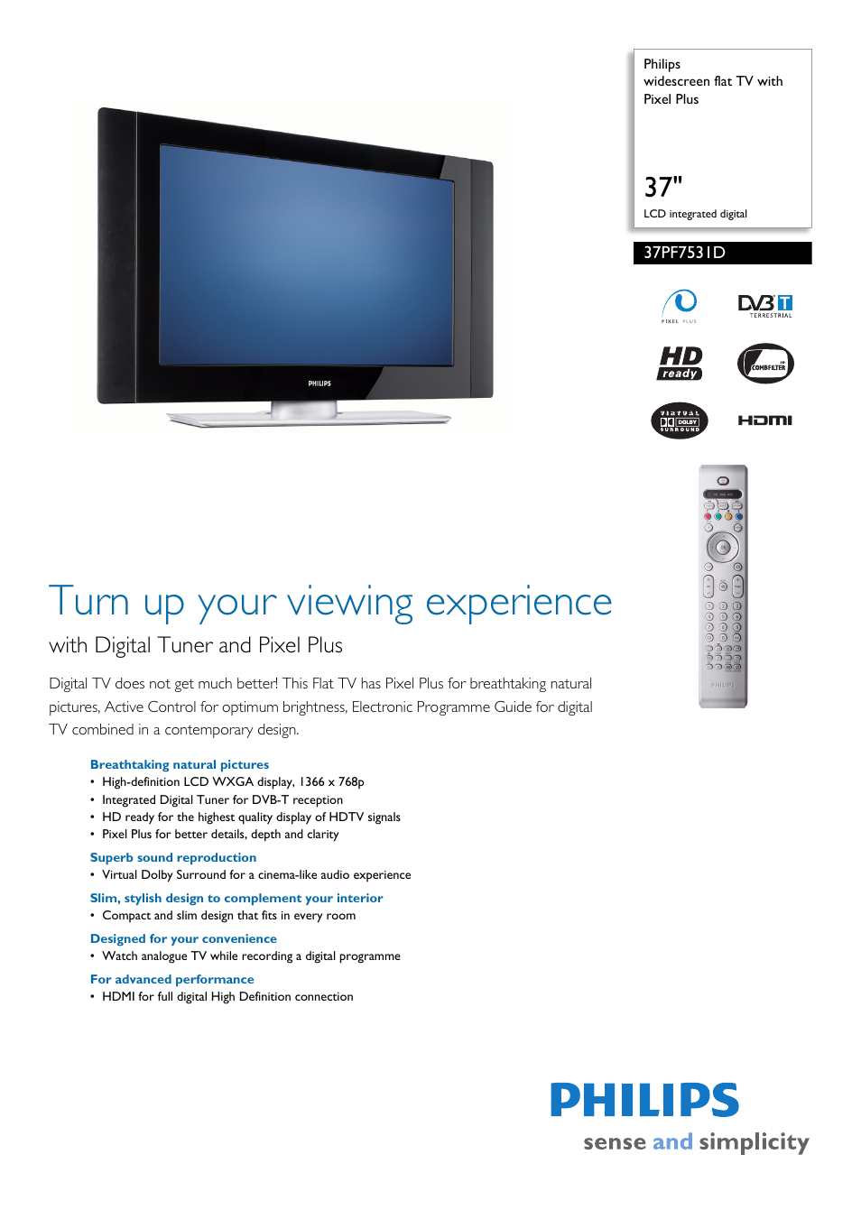 Philips Widescreen TV with Pixel Plus 37PF7531D/10 User Manual | 3 pages