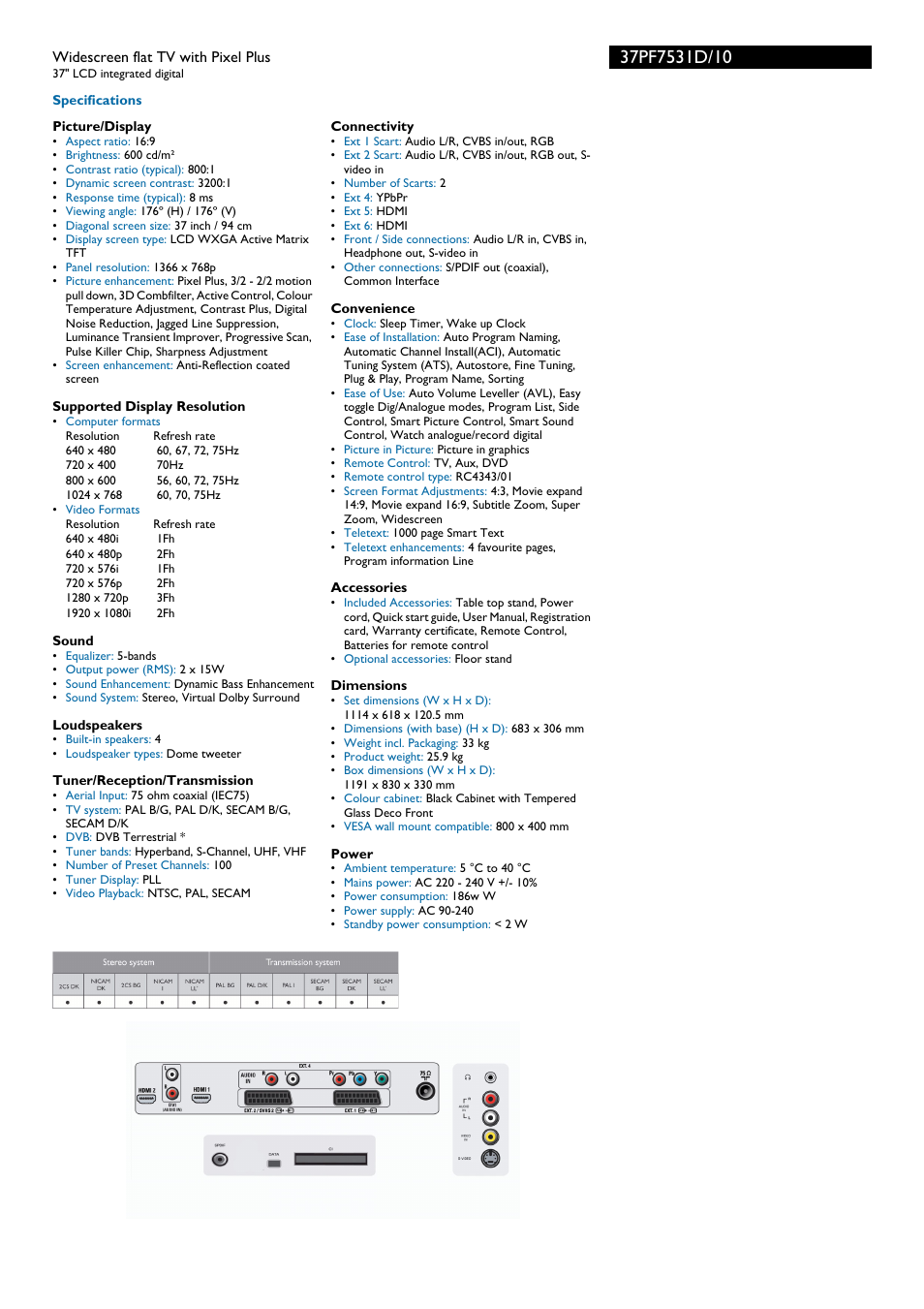 Philips Widescreen TV with Pixel Plus 37PF7531D/10 User Manual | Page 2 / 3