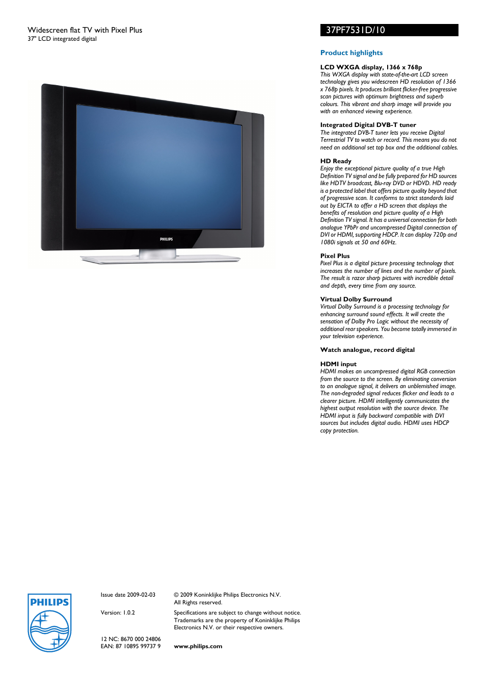 Philips Widescreen TV with Pixel Plus 37PF7531D/10 User Manual | Page 3 / 3