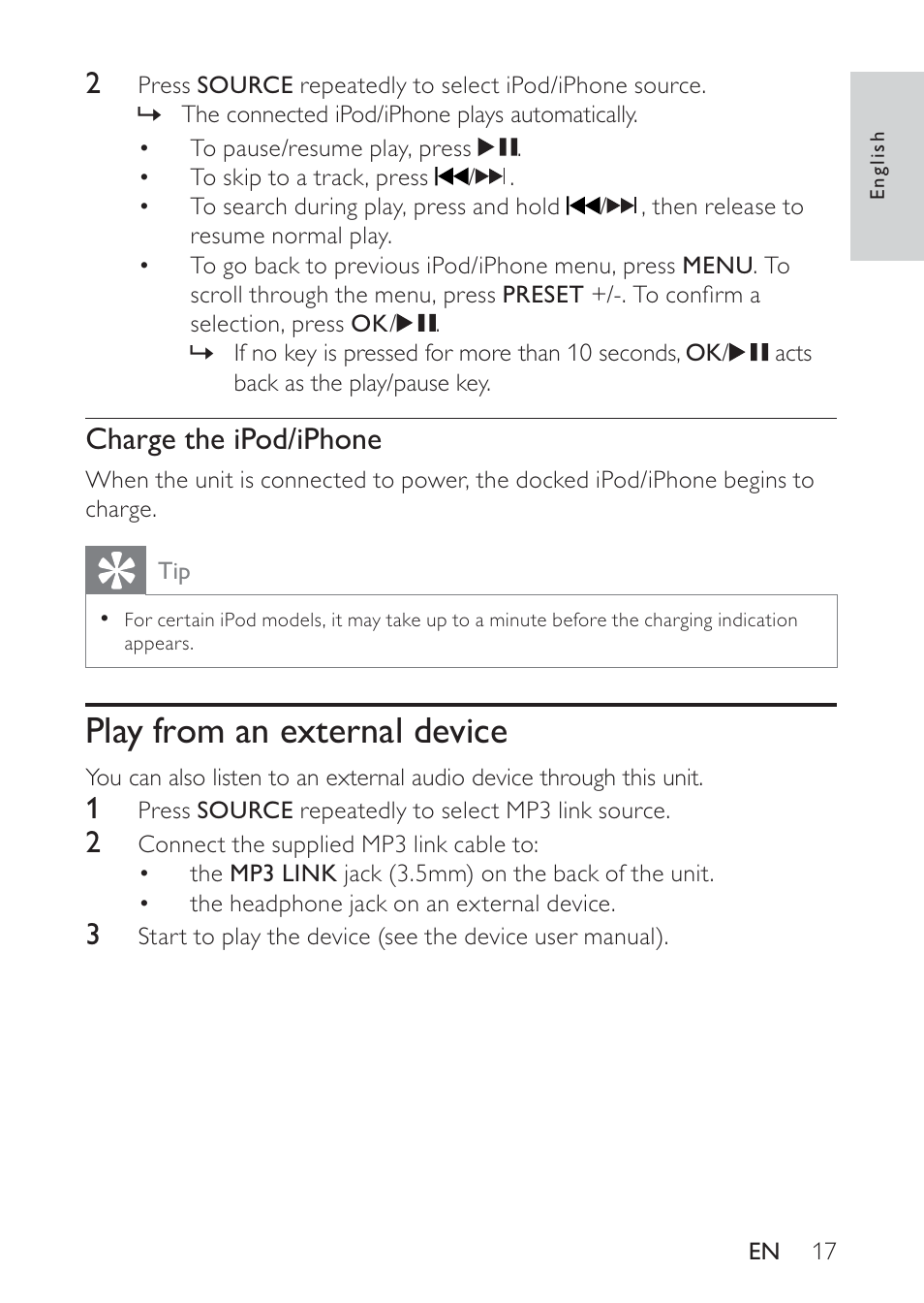 Play from an external device, Charge the ipod/iphone | Philips DC320 User Manual | Page 17 / 25