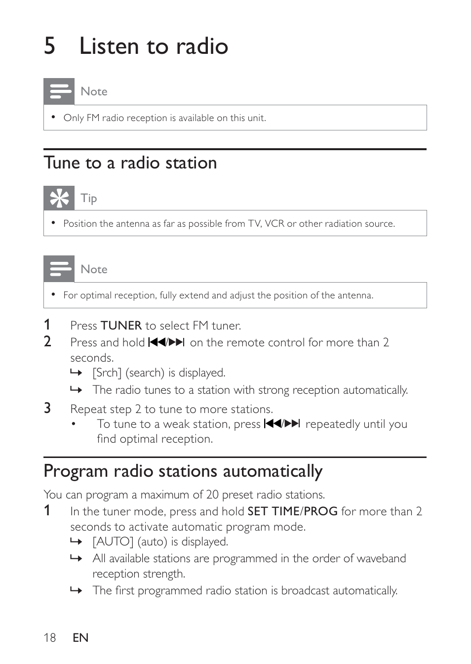 5 listen to radio, Tune to a radio station, Program radio stations automatically | Philips DC320 User Manual | Page 18 / 25