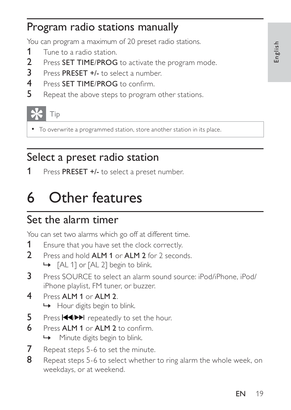 6 other features, Program radio stations manually, Select a preset radio station | Set the alarm timer | Philips DC320 User Manual | Page 19 / 25