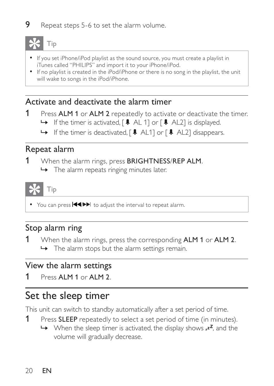 Set the sleep timer, Activate and deactivate the alarm timer 1, Repeat alarm 1 | Stop alarm ring 1, View the alarm settings 1 | Philips DC320 User Manual | Page 20 / 25