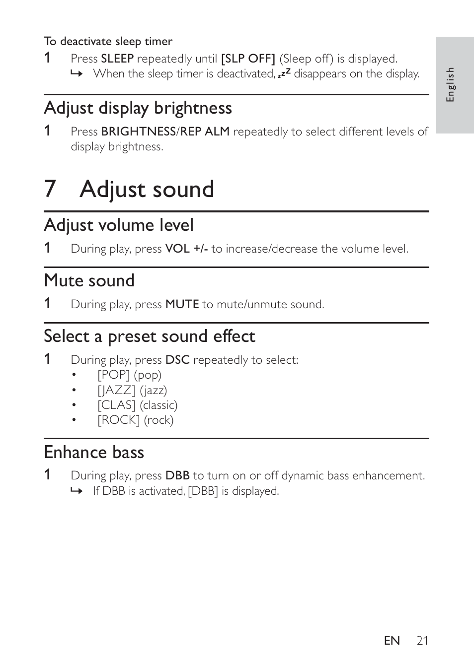 7 adjust sound, Adjust display brightness, Adjust volume level | Mute sound, Select a preset sound effect, Enhance bass | Philips DC320 User Manual | Page 21 / 25