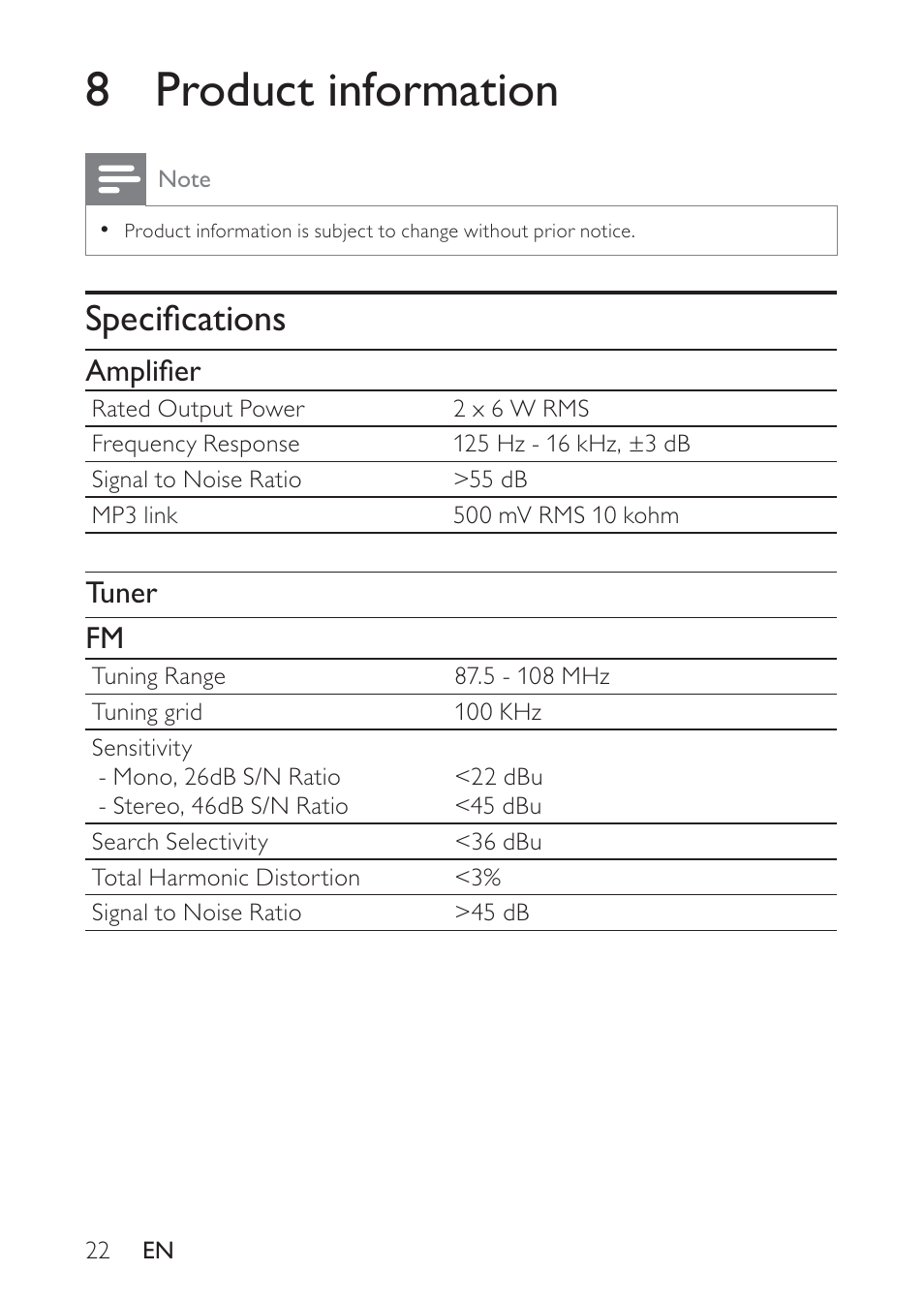 8 product information, Speciﬁcations, Ampliﬁer | Tuner fm | Philips DC320 User Manual | Page 22 / 25