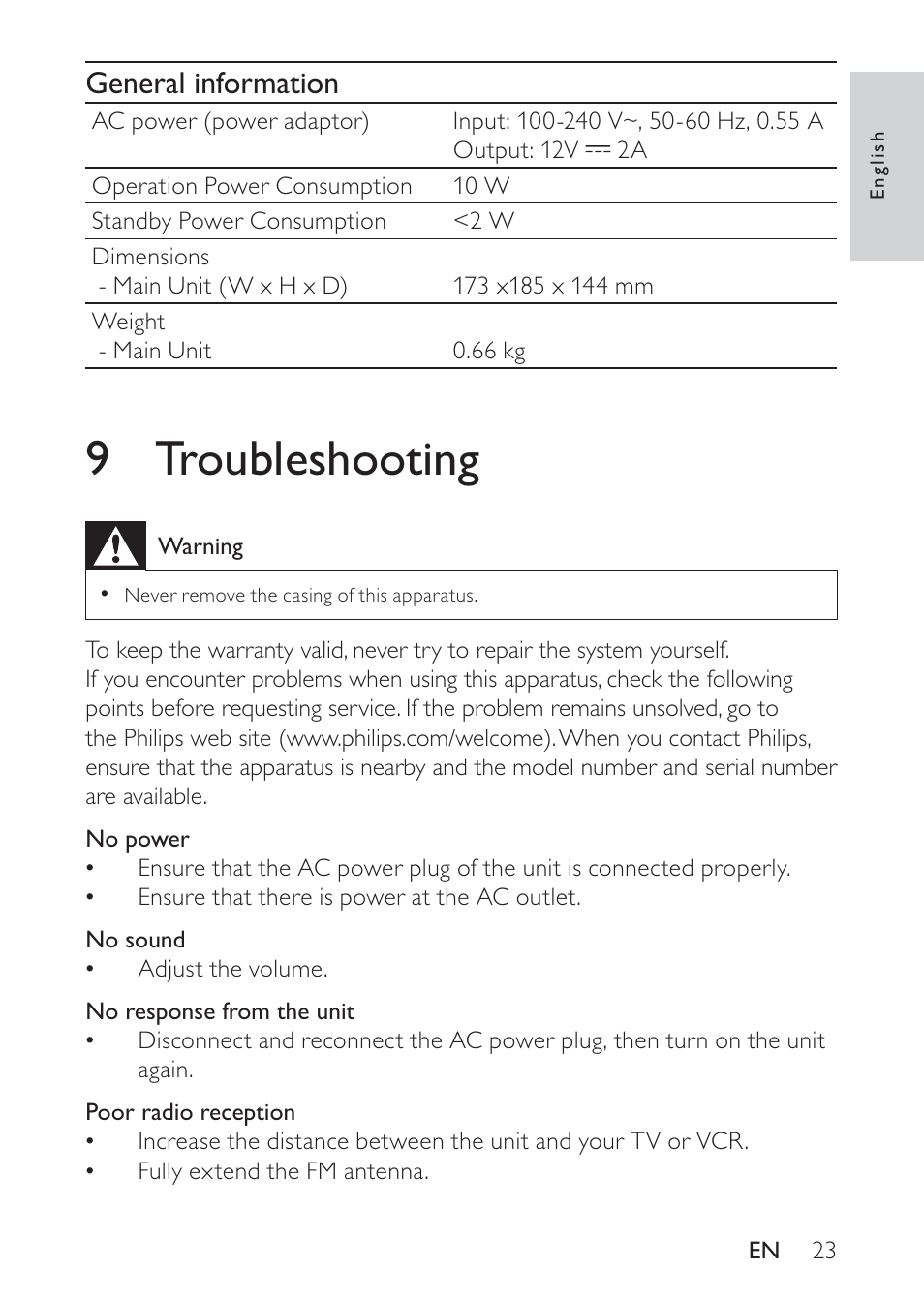 9 troubleshooting, General information | Philips DC320 User Manual | Page 23 / 25