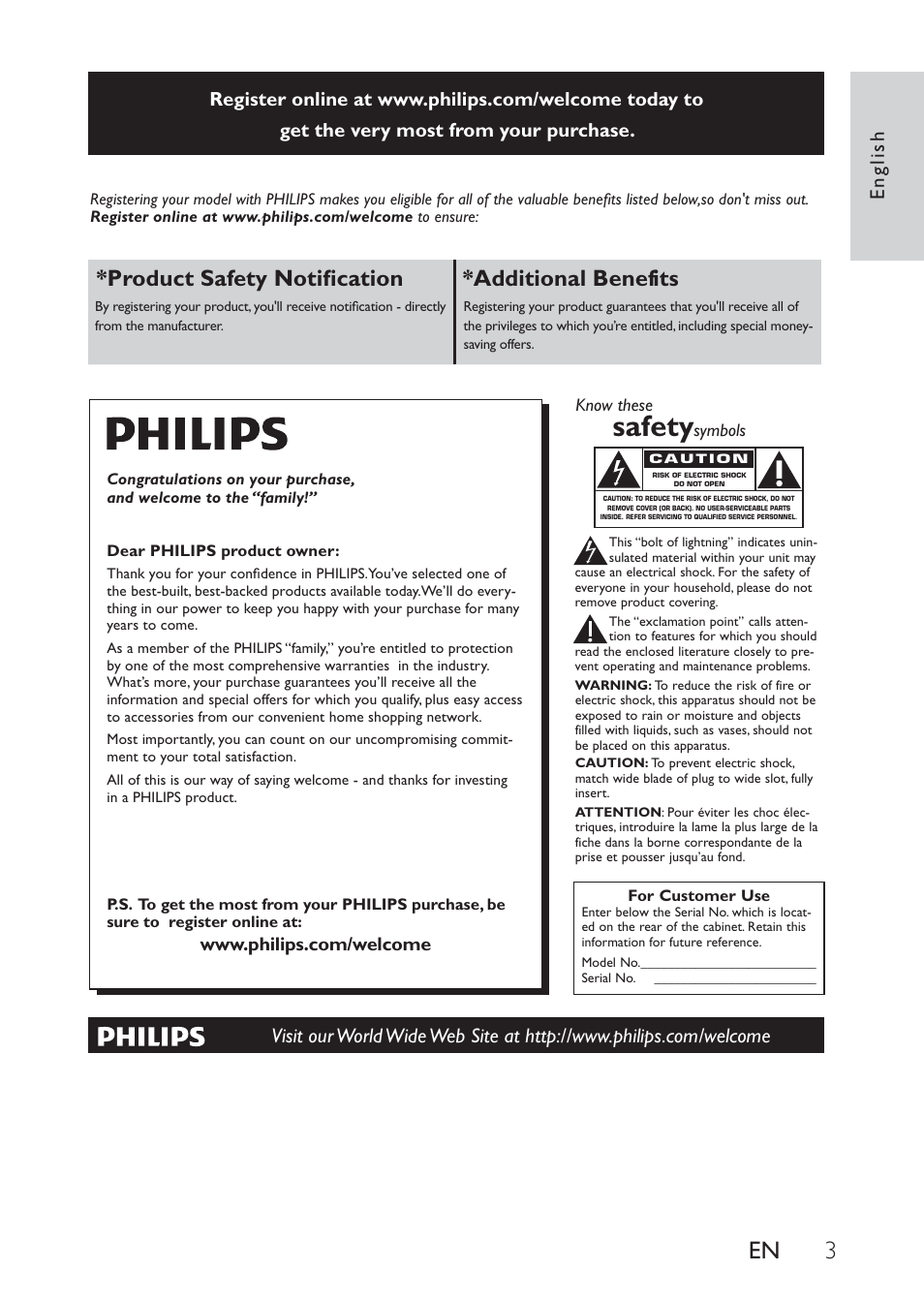 Safety, Product safety notiﬁcation *additional benefits, English | Philips DC320 User Manual | Page 3 / 25