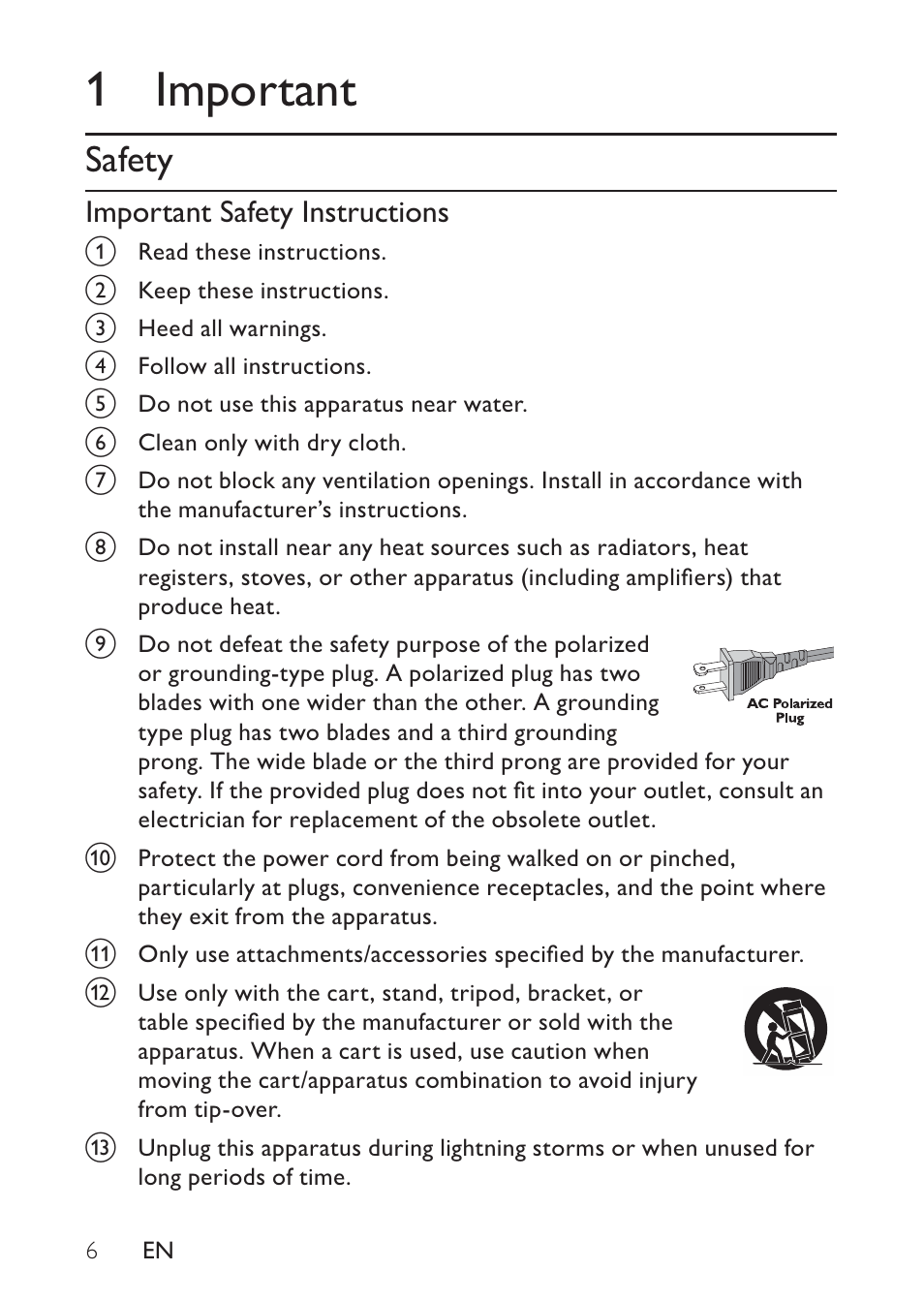 1 important, Safety, Important safety instructions | Philips DC320 User Manual | Page 6 / 25