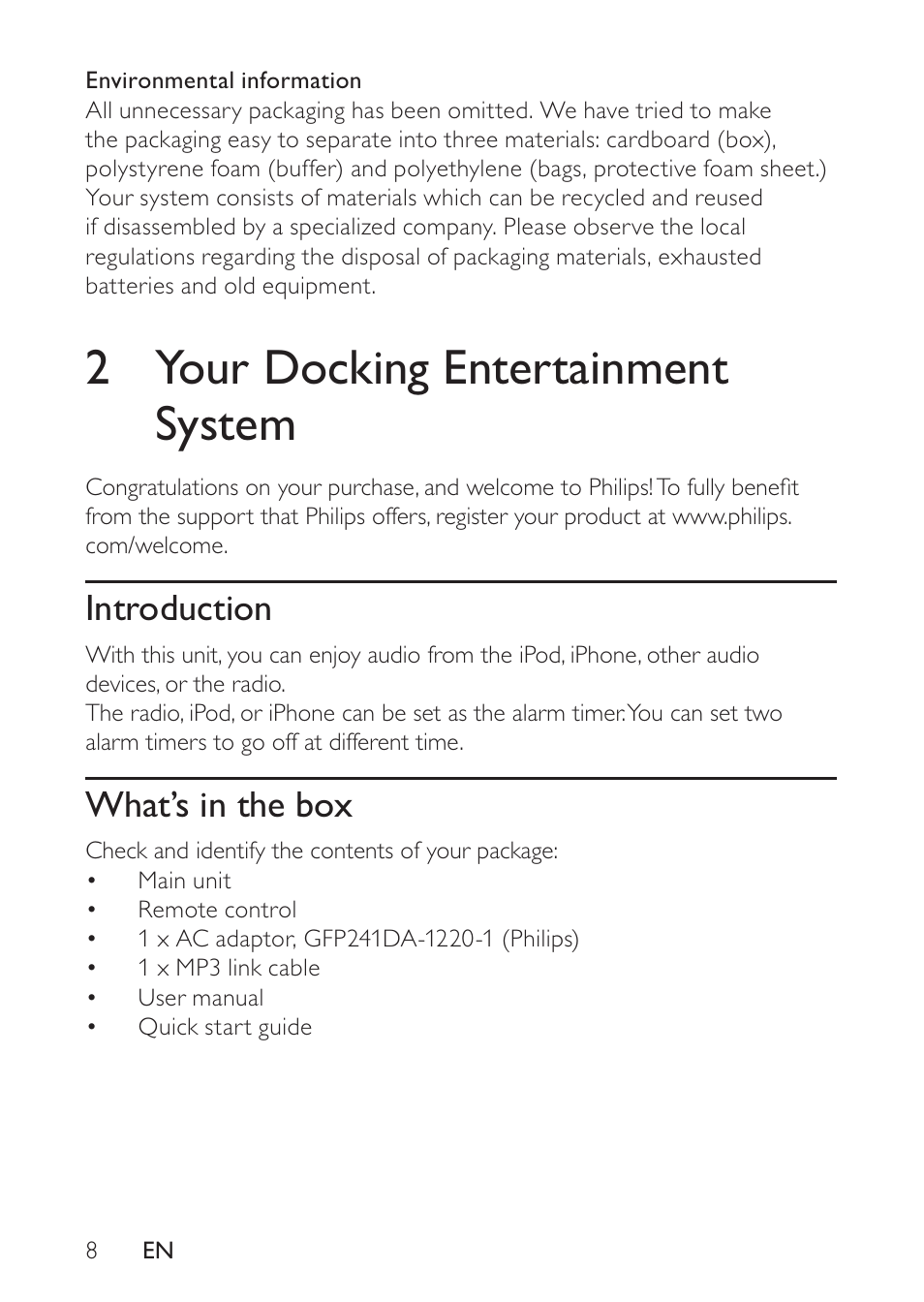 2 your docking entertainment system, Introduction, What’s in the box | Philips DC320 User Manual | Page 8 / 25