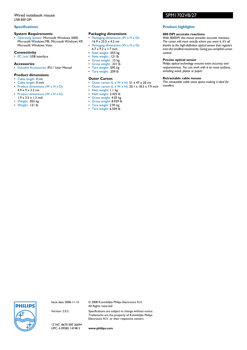 Philips SPM1702VB User Manual | Page 2 / 2