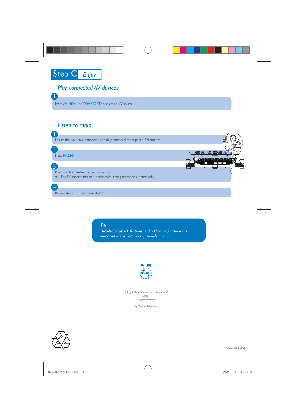 Play connected av devices 1, Listen to radio 1 2 3 4 | Philips HSB2313/93 User Manual | Page 4 / 4