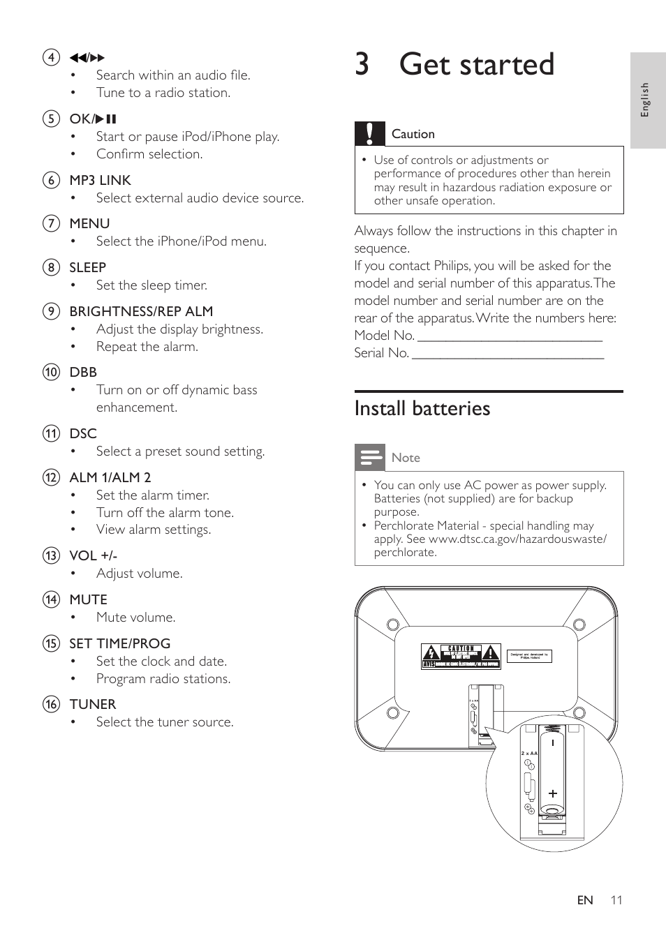 3 get started, Install batteries | Philips DC290B User Manual | Page 11 / 19