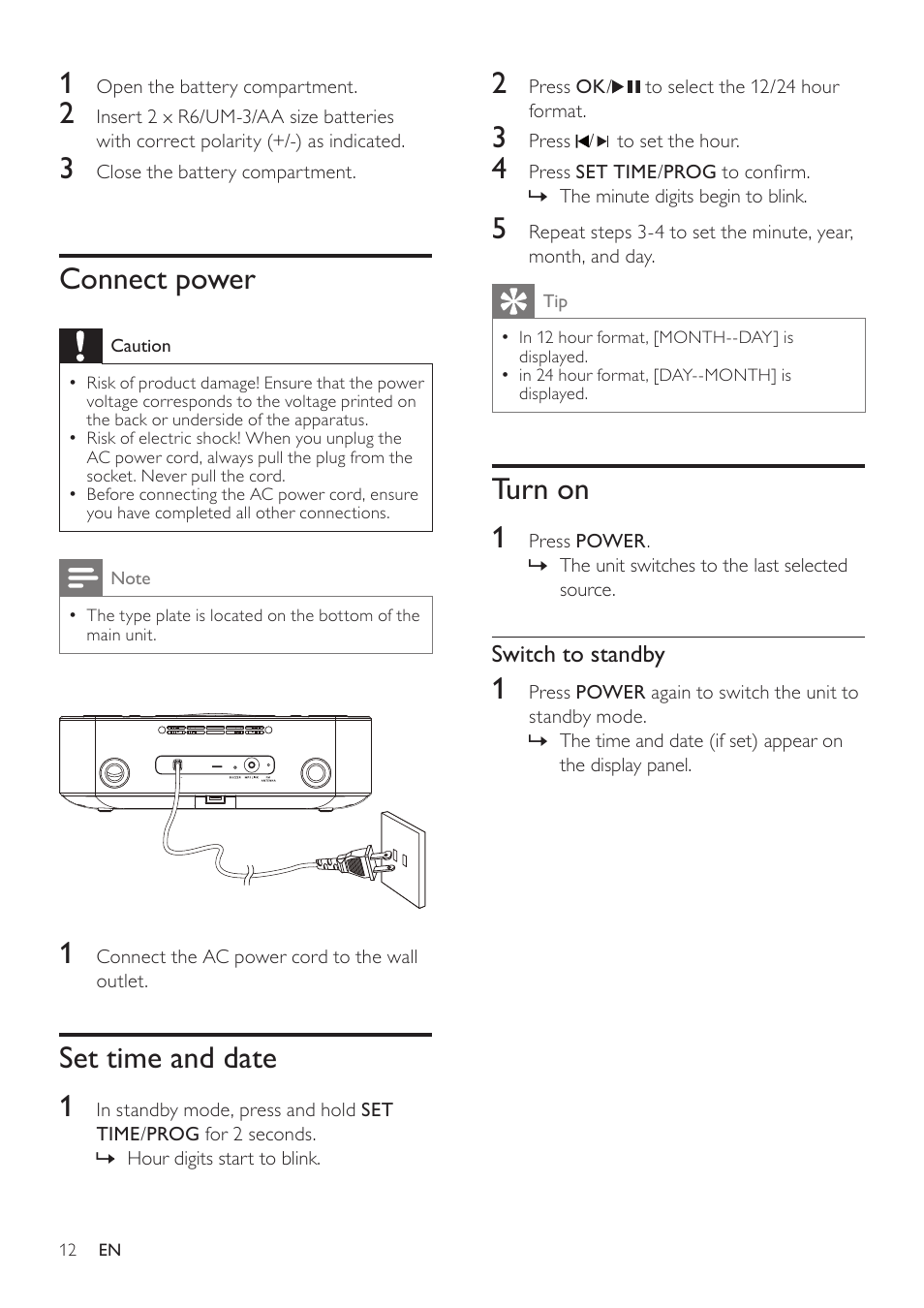 Connect power, Set time and date, Turn on | Turn on 1, Set time and date 1 | Philips DC290B User Manual | Page 12 / 19