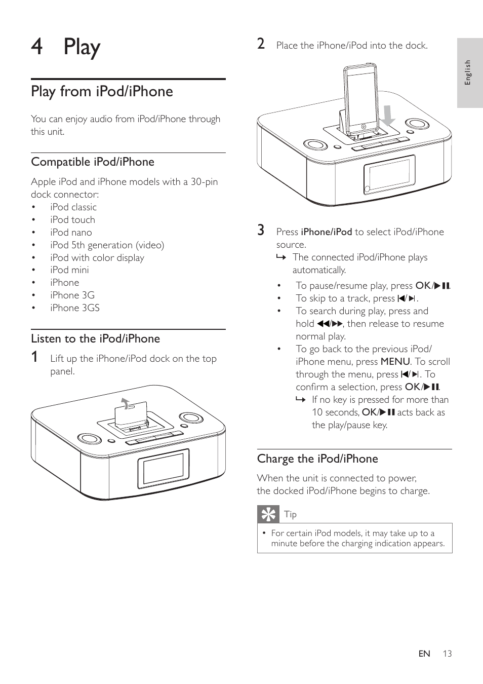 4 play, Play from ipod/iphone | Philips DC290B User Manual | Page 13 / 19