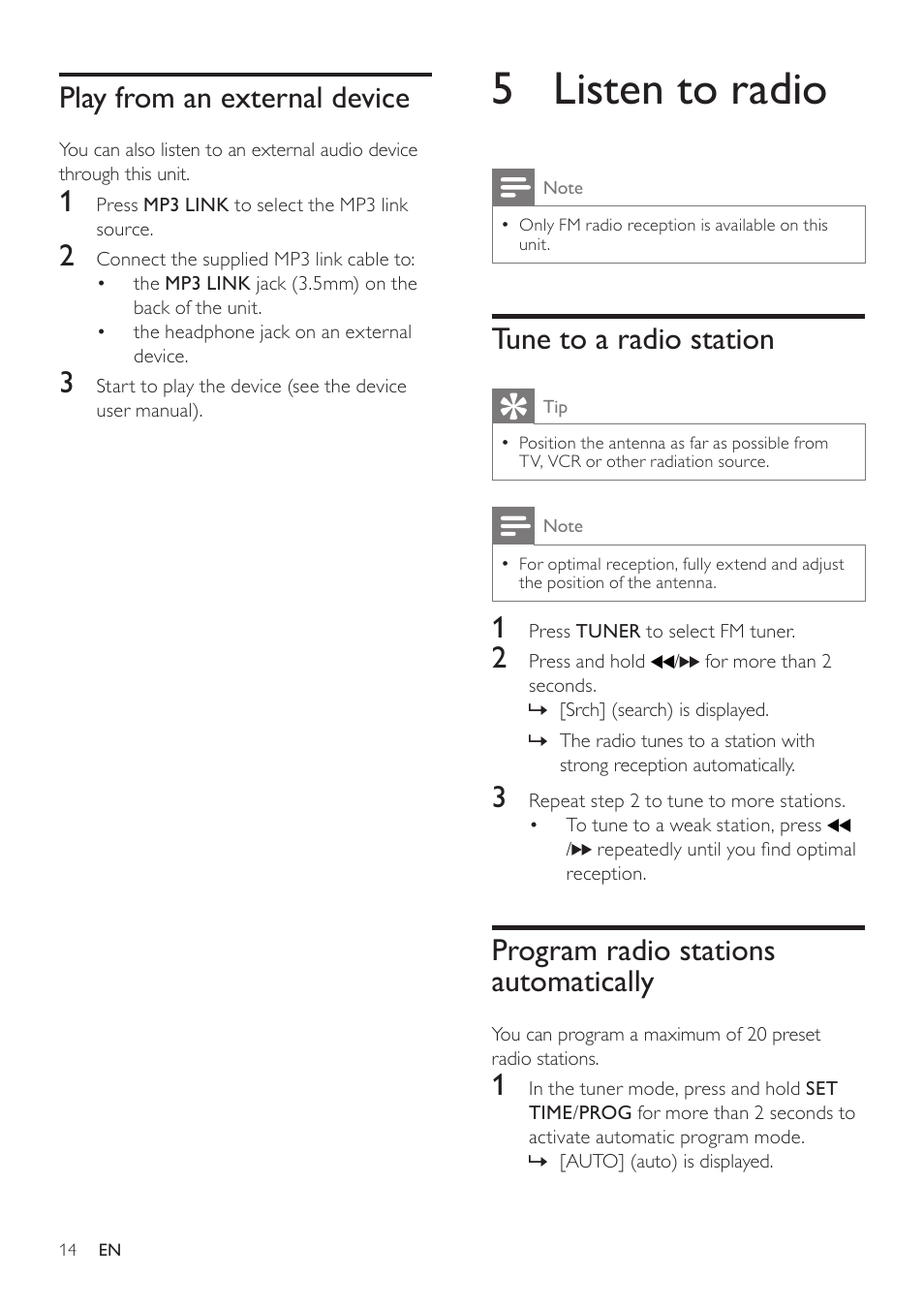 Play from an external device, 5 listen to radio, Tune to a radio station | Program radio stations automatically | Philips DC290B User Manual | Page 14 / 19
