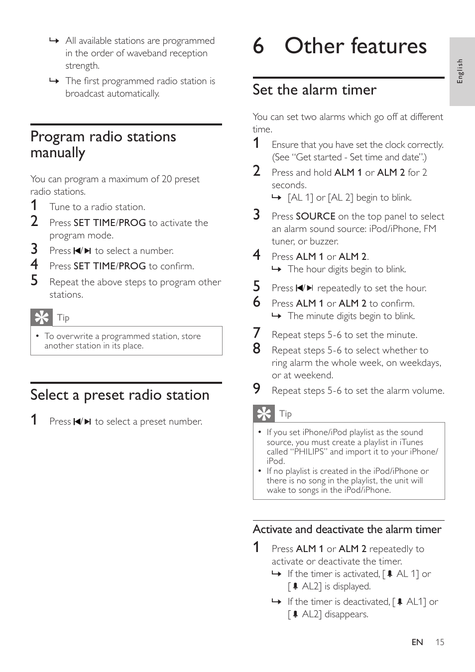 Program radio stations manually, Select a preset radio station, 6 other features | Set the alarm timer, Select a preset radio station 1 | Philips DC290B User Manual | Page 15 / 19