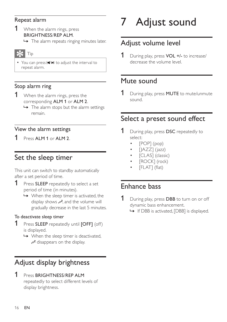 Set the sleep timer, Adjust display brightness, 7 adjust sound | Adjust volume level, Mute sound, Select a preset sound effect, Enhance bass, Adjust volume level 1, Mute sound 1, Select a preset sound effect 1 | Philips DC290B User Manual | Page 16 / 19