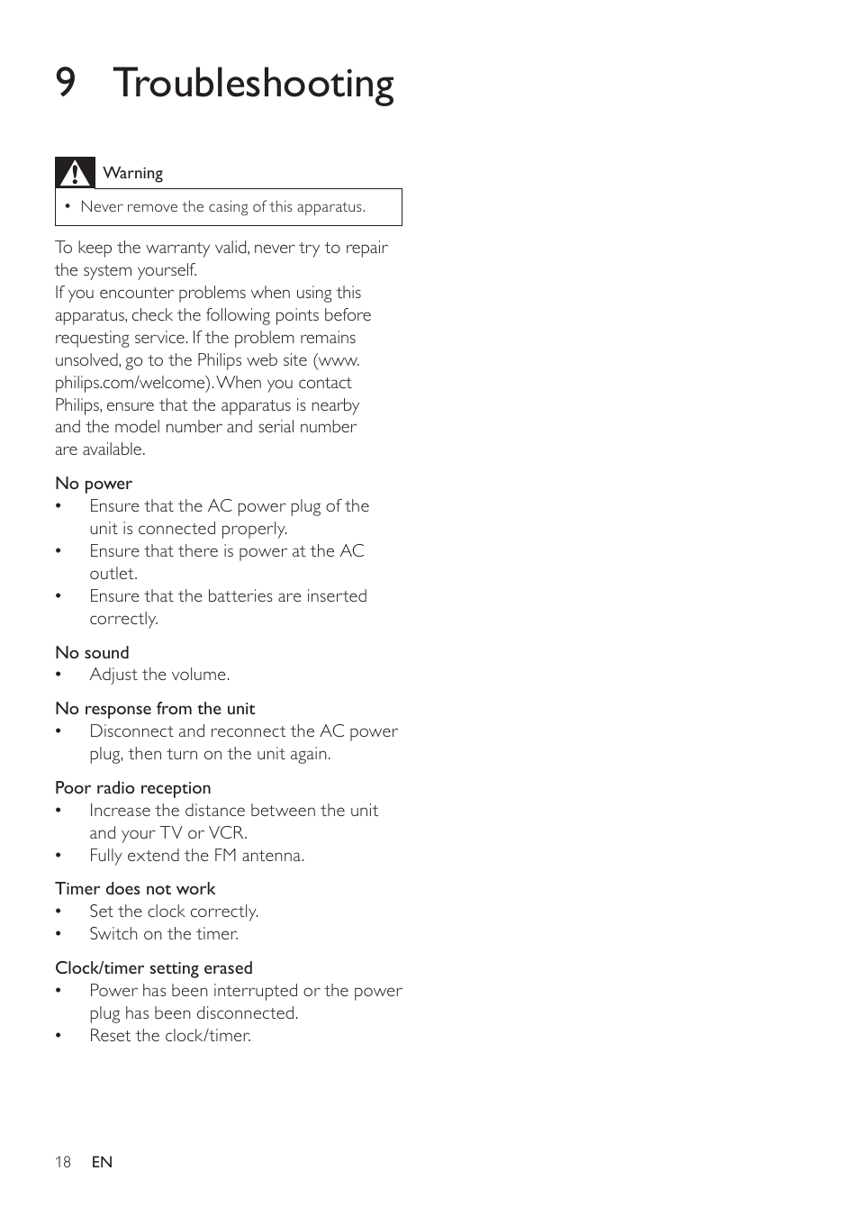 9 troubleshooting | Philips DC290B User Manual | Page 18 / 19