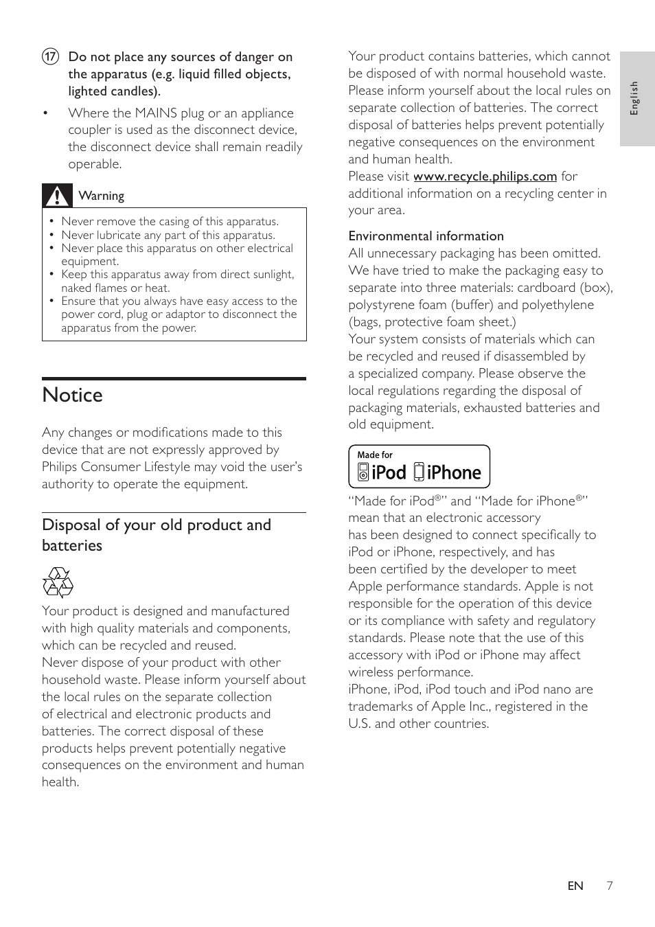 Notice, Notice 7, Disposal of your old product and batteries | Philips DC290B User Manual | Page 7 / 19