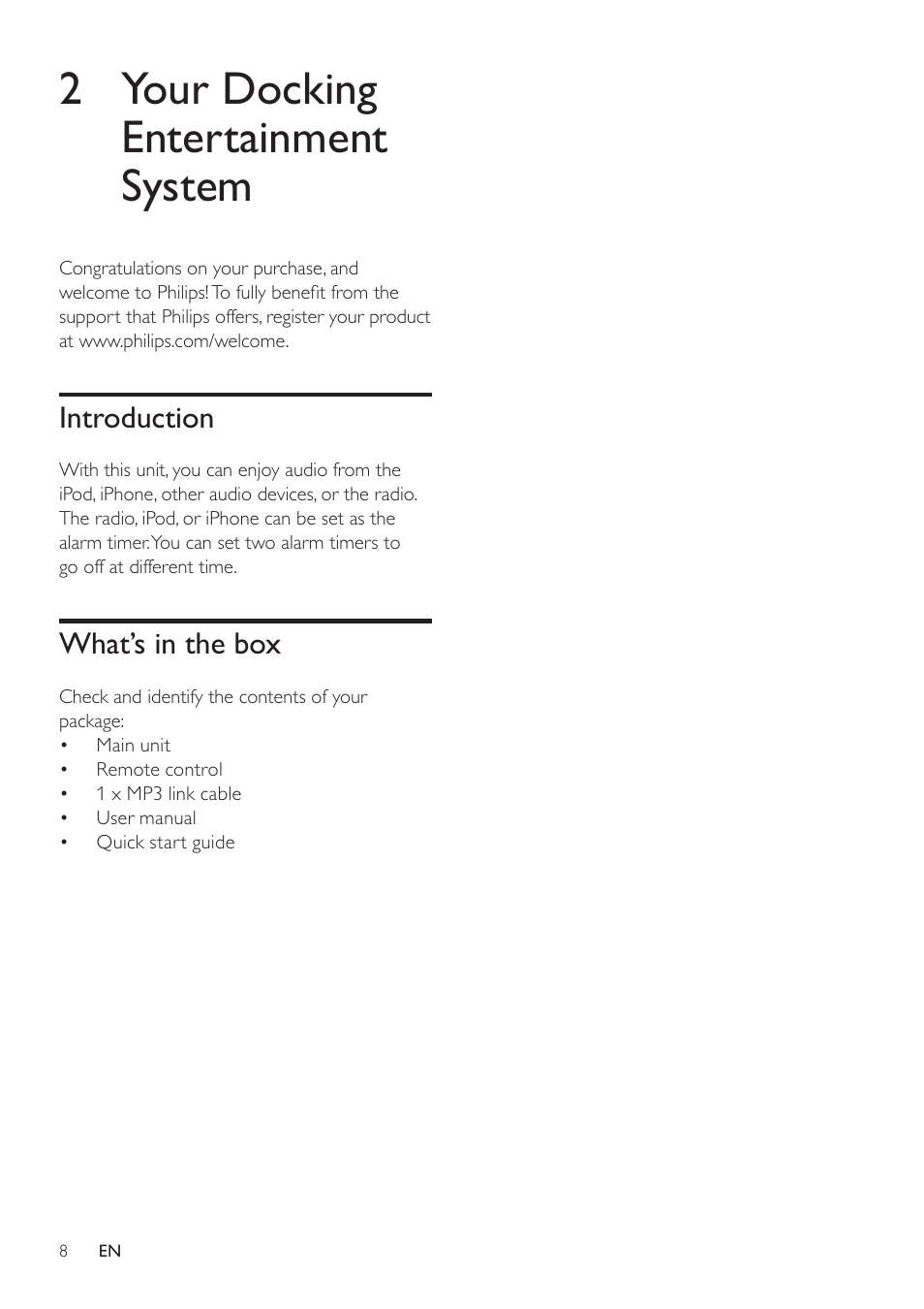 2 your docking entertainment system, Introduction, What’s in the box | Introduction 8 | Philips DC290B User Manual | Page 8 / 19