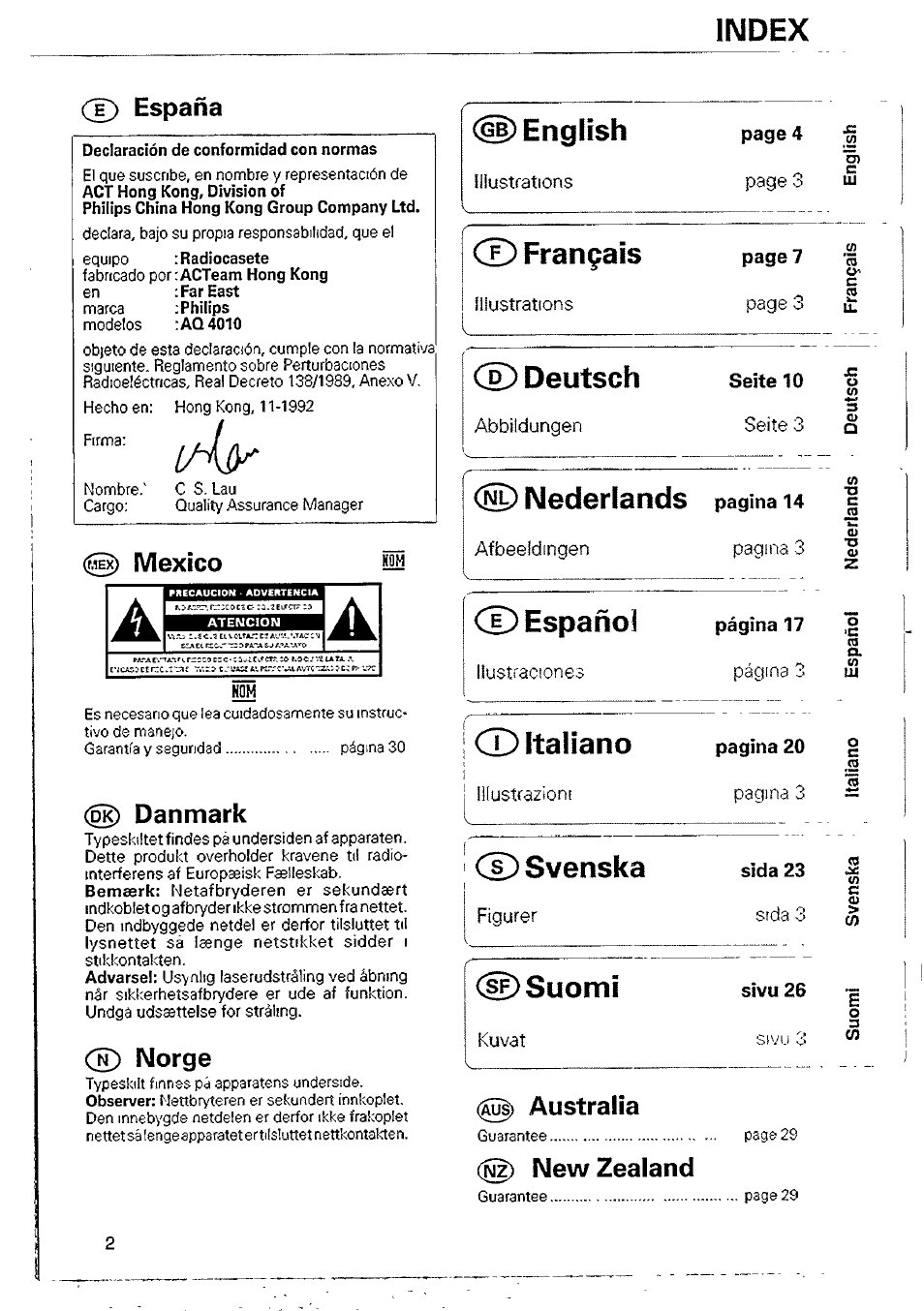 T) españa, Danmark, Norge | Ü) english, Cl) français, Deutsch, Seite 10, Español, Italiano, Svenska | Philips AQ 4010 User Manual | Page 2 / 10