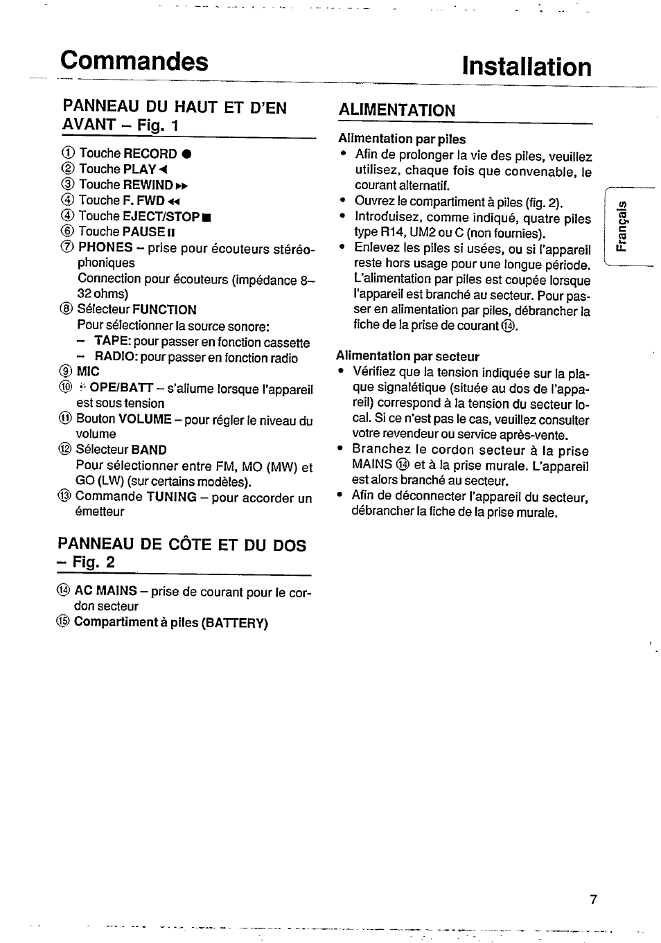 Commandes installation, Panneau de cote et du dos - fig. 2 | Philips AQ 4010 User Manual | Page 4 / 10