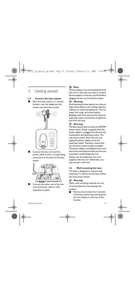 3 getting started, 1 connect the base station, 2 wall mounting the base | 3getting started | Philips CD 155 User Manual | Page 13 / 46