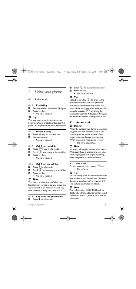 4 using your phone, 1 make a call, 2 answer a call | 3 end a call, 4using your phone | Philips CD 155 User Manual | Page 19 / 46