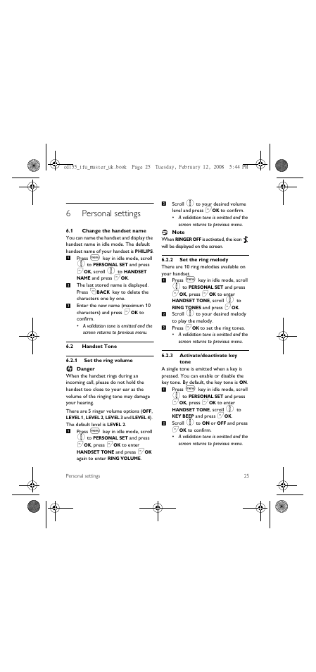 6 personal settings, 1 change the handset name, 2 handset tone | 6personal settings | Philips CD 155 User Manual | Page 27 / 46