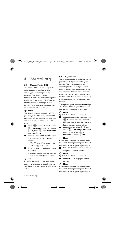 8 advanced settings, 1 change master pin, 2 registration | 8advanced settings | Philips CD 155 User Manual | Page 31 / 46