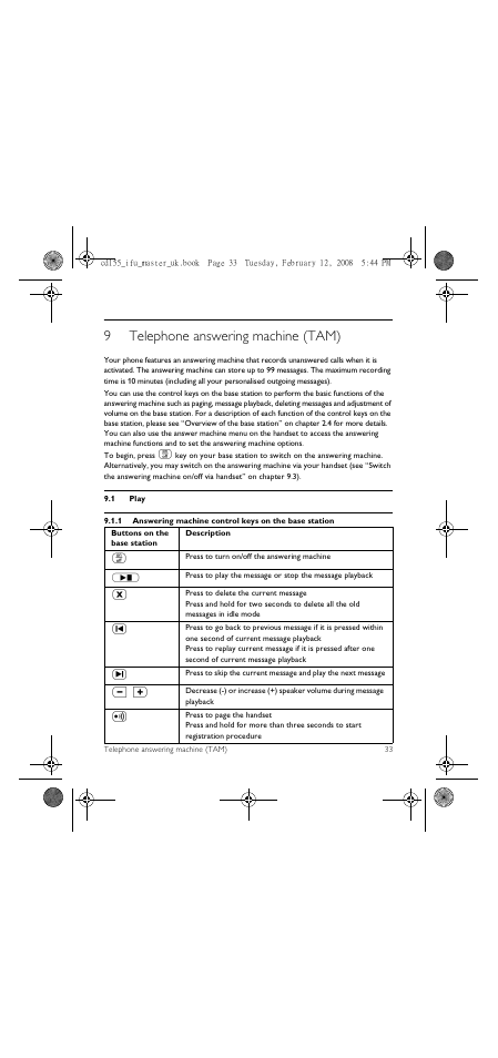 9 telephone answering machine (tam), 1 play, 9telephone answering machine (tam) | Philips CD 155 User Manual | Page 35 / 46