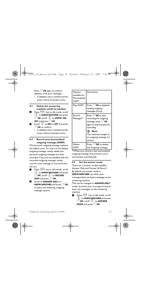 3 switch the answering machine on/off via handset, 4 record your personalised outgoing message (ogm), 5 set the answer mode | Philips CD 155 User Manual | Page 37 / 46