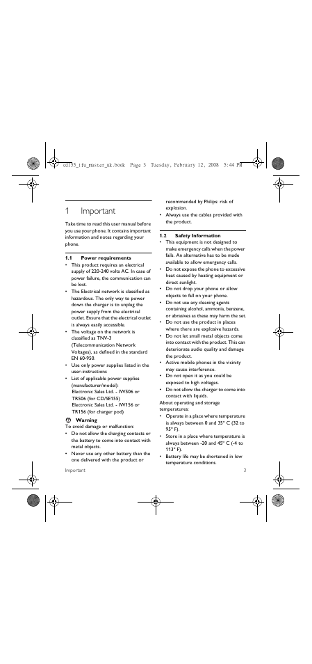 1 important, 1 power requirements, 2 safety information | 1important | Philips CD 155 User Manual | Page 5 / 46