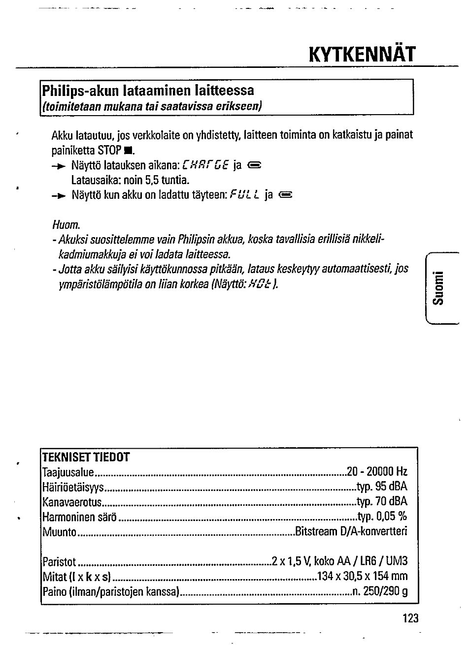 Philips-akun lataaminen laitteessa, Kytkennat | Philips AZ7372 User Manual | Page 11 / 20