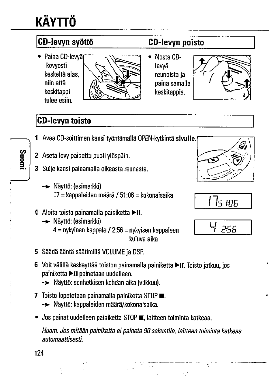 Cd-levyn syotto, Cd-levyn poisto, Cd-levyn toisto | Kayno, Cd-levyn syotto cd-levyn poisto | Philips AZ7372 User Manual | Page 12 / 20