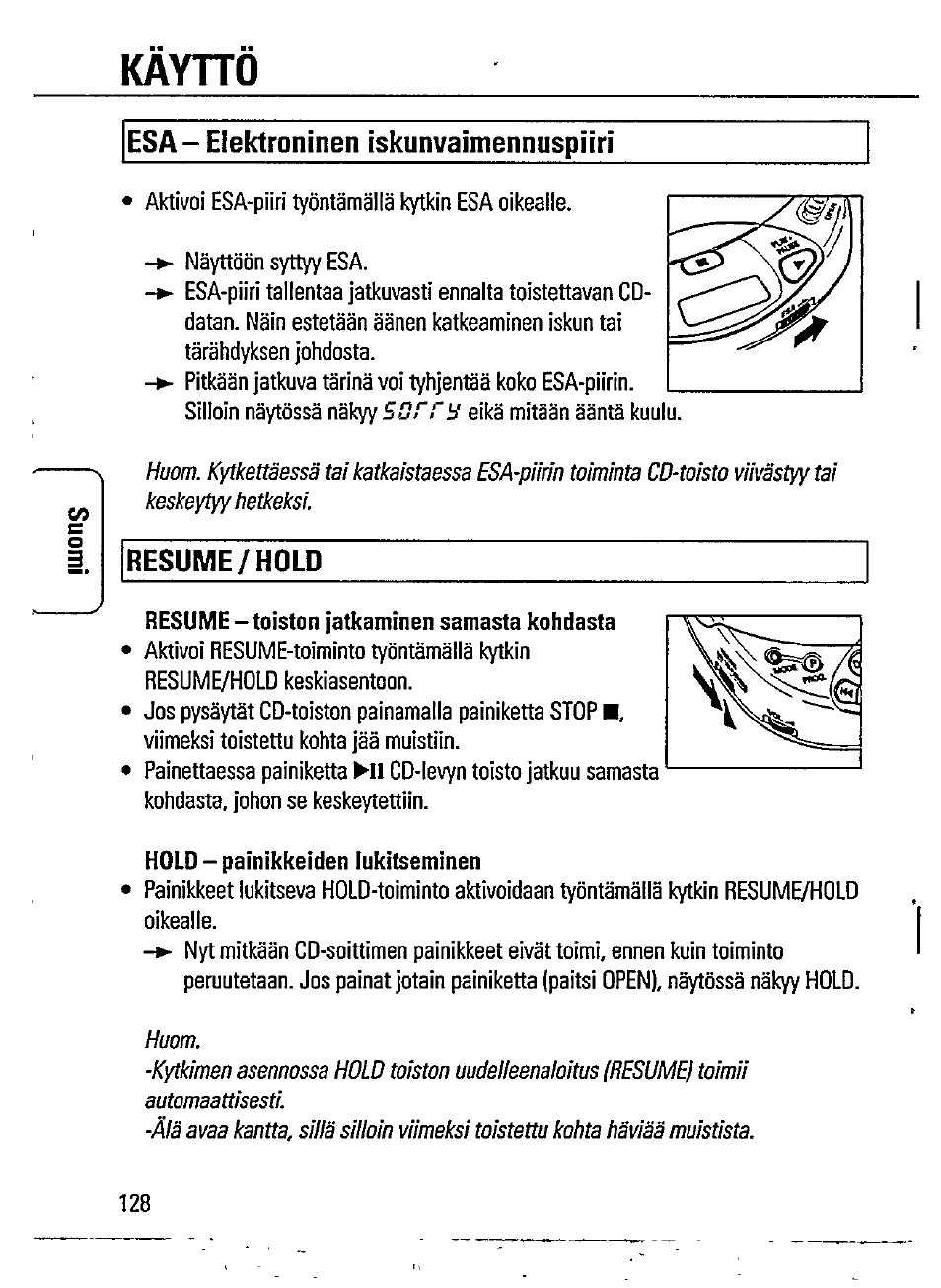 Esa - elektroninen iskunvaimennuspiiri, Resume/hold, Kayho | Philips AZ7372 User Manual | Page 16 / 20