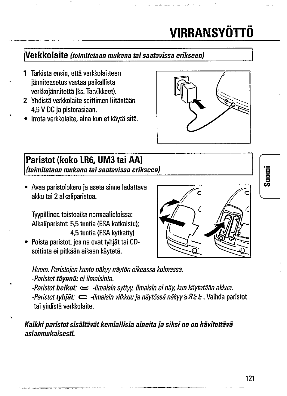 Virransyono, Verkkolaite, Paristot (koko lr6, um3 tai aa) | Philips AZ7372 User Manual | Page 9 / 20