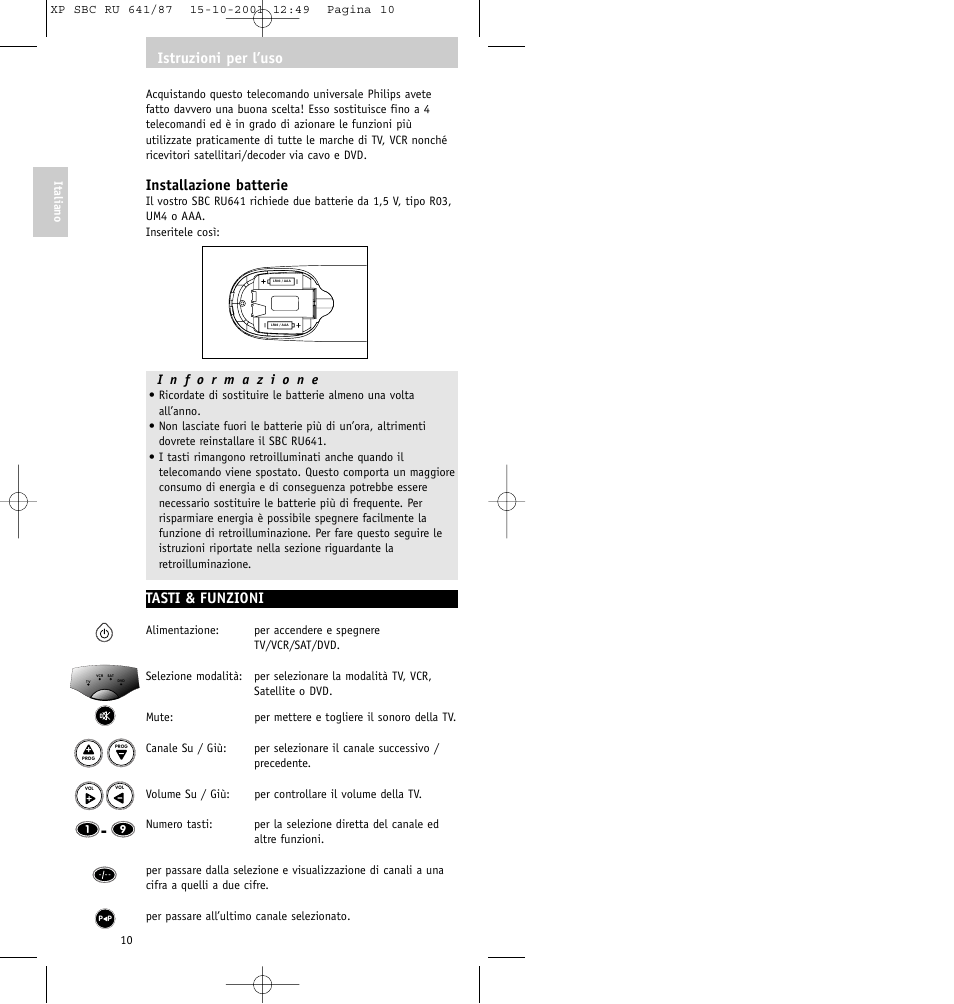 Installazione batterie, Tasti & funzioni, Istruzioni per l’uso | Philips RU641/87 User Manual | Page 10 / 80