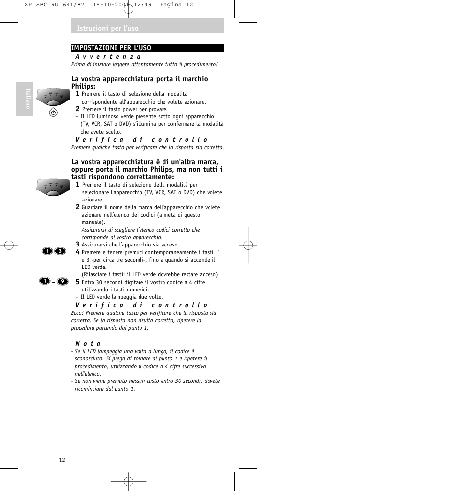 Impostazioni per l’uso, Istruzioni per l’uso | Philips RU641/87 User Manual | Page 12 / 80