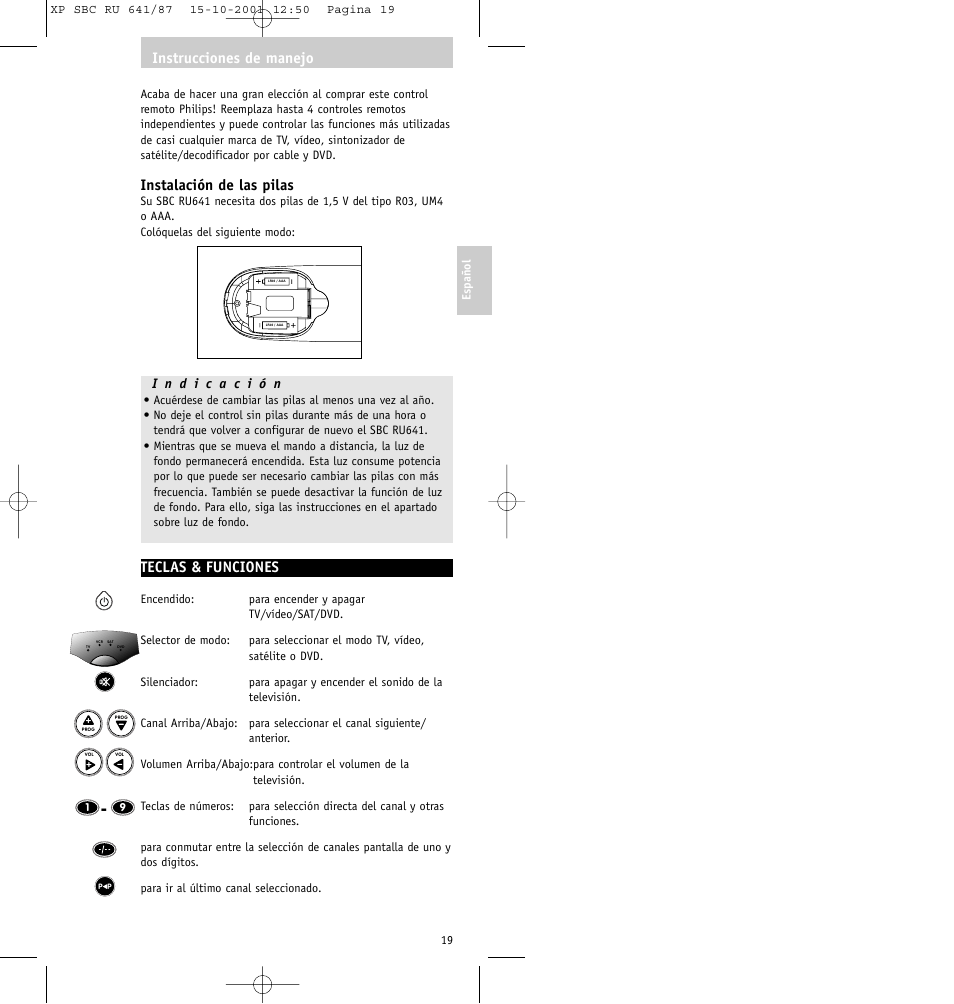 Instalación de las pilas, Teclas & funciones, Instrucciones de manejo | Philips RU641/87 User Manual | Page 19 / 80